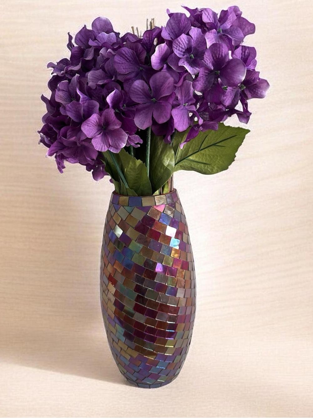 12” Iridescent Mosaic Glass Vase w/ Purple Hydrangea Flowers